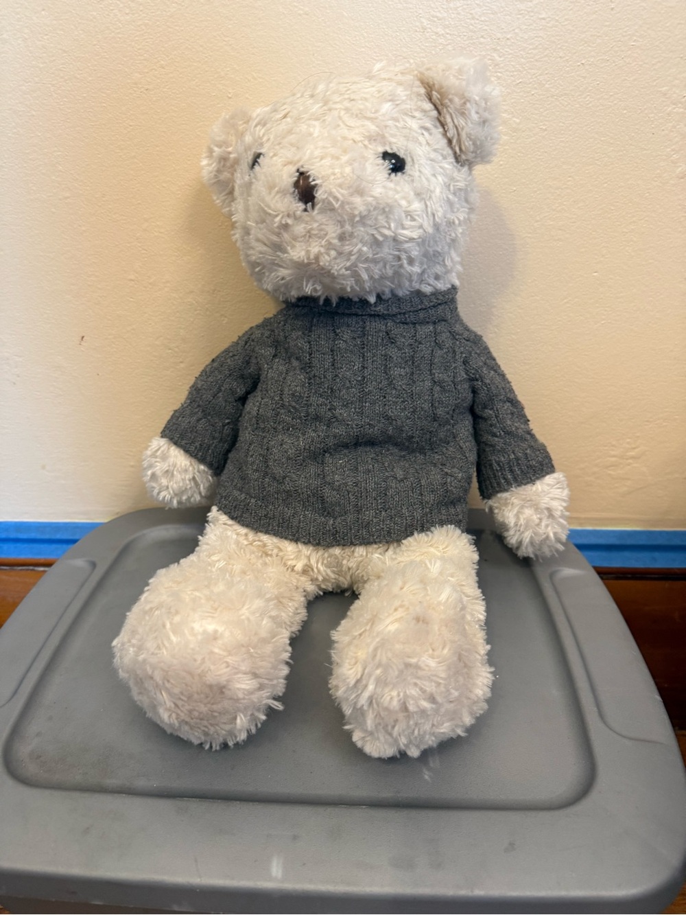 Plush Cream Bear with Gray Sweater - Soft Stuffed Animal